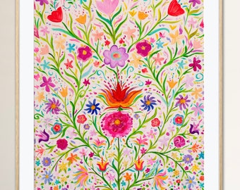 Flower Folk Art Giclée Fine Art Print Oil Painting Colorful Vibrant Abstract Rosemaling Floral Whimsical Boho Cottagecore Scandinavian Decor