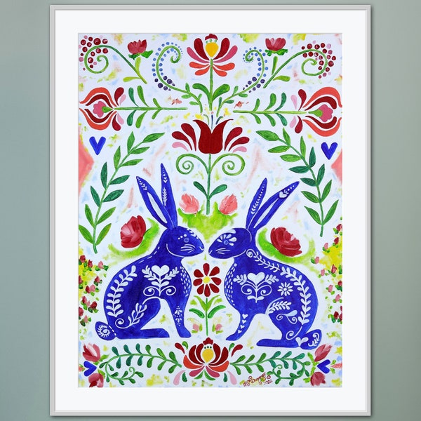 Scandinavian Rabbits Giclée Fine Folk Art Print of Original Oil Painting, Whimsical Colorful Polska Rosemaling Wycinanki Floral Home Decor