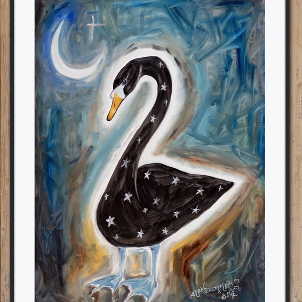 Black Swan Giclée Fine Art Print of Oil Painting Whimsical Abstract Animal Fantasy Surreal Whimsy Stars Moon Bird Magical Dreamlike Decor