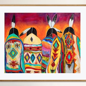 May include: Four figures stand back to back, wearing colorful patterned blankets with geometric designs. The figures are silhouetted against a vibrant orange and purple sunset.