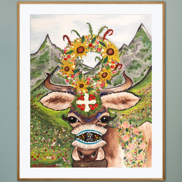 Alpine Cow Art Print Original Oil Painting Swiss Alps Mountains Switzerland Folk Festival Flowers Whimsical Colorful European Whimsy Decor