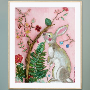 Rabbit Amongst Flower Blooms Art Print of Mixed Media Oil Painting, Forest Bunny, Garden Floral, Colorful Cottagecore Shabby Chic Home Decor