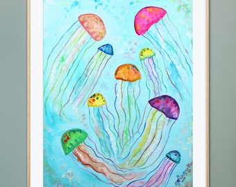 Dancing Jellyfish Giclée Art Print of Oil Painting, Ocean Animal Tropical Beach Home Decor Vibrant Colorful Abstract Marine Sea-life Coastal