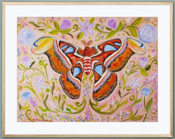 Atlas Moth Bouquets Giclée Fine Art Print of Original Oil Painting Whimsical Colorful Nature Flowers Floral Country Cottage Natural Decor