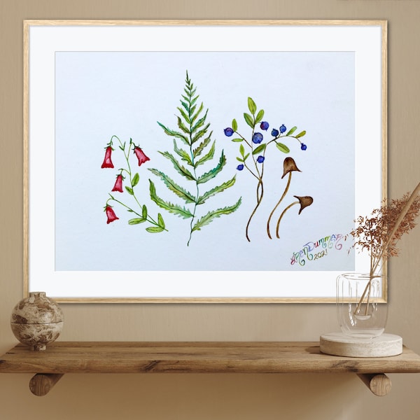 Forest Forages Sprigs of Woodland Finds Art Print of Watercolor Painting, Pink Flowers Fern Leaf Mushrooms Wild Blueberries, Nature Decor