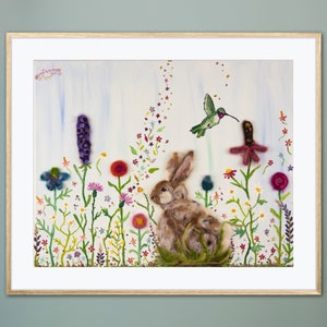 Rabbit & Hummingbird Amongst Wildflowers Art Print Mixed Media Oil Painting Needle Felted Flower Garden Meadow Whimsical Colorful Home Decor image 1