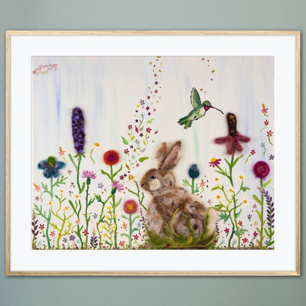 Rabbit & Hummingbird Amongst Wildflowers Art Print Mixed Media Oil Painting Needle Felted Flower Garden Meadow Whimsical Colorful Home Decor