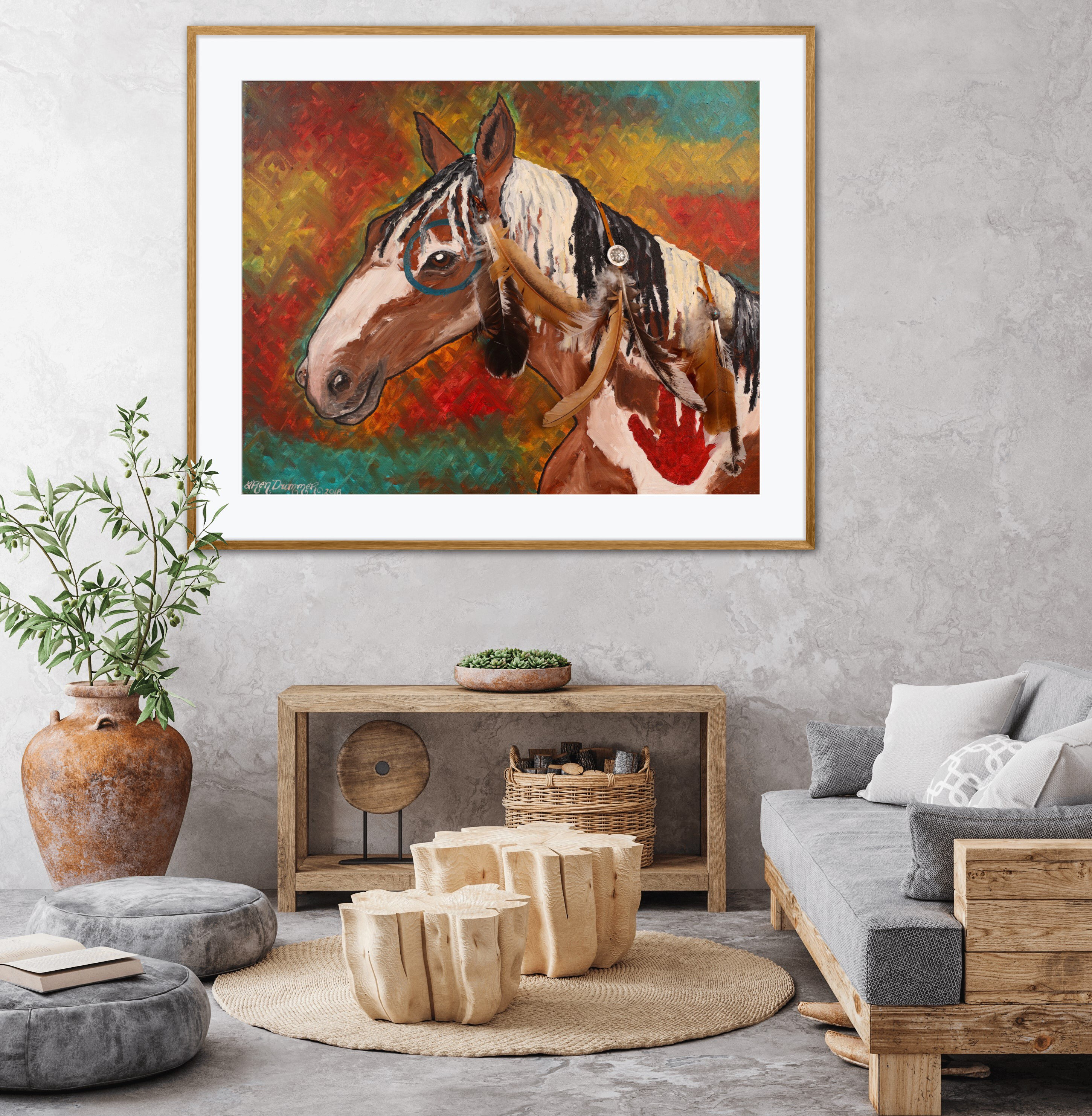 Native American Paint Horse Art Print of Mixed Media Oil Painting, War ...
