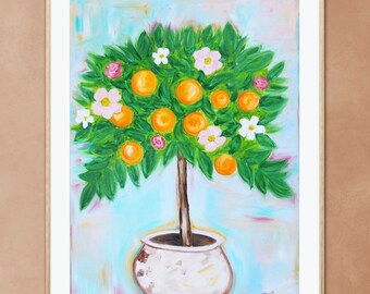 Potted Orange Tree Still Life Giclée Fine Art Print of Original Oil Painting, Tropical Fruit Whimsical Abstract Flowers Botanical Home Decor