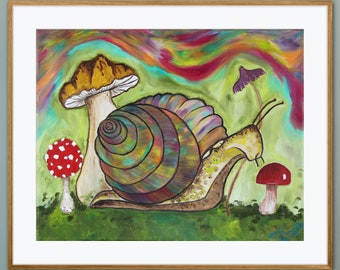 Groovy Snail Giclée Art Print of Oil Painting on Canvas, Colorful Rainbow Abstract Snail Art, Mushroom Print, Hippie  Boho Nature Home Decor