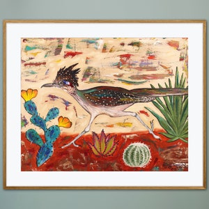 Rustic Roadrunner Giclée Art Print Oil Painting Southwest Decor Colorful Succulent Plant Cactus Nature Wildlife Abstract Desert Baja Animal