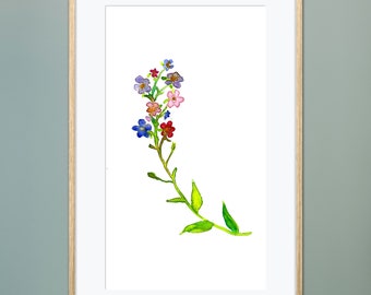 Forget-Me-Not Art Print of Watercolor Painting, Simple Nature Flower Sprig, Minimalist Floral Cottage Decor, Colorful Blooms Cottagecore Art