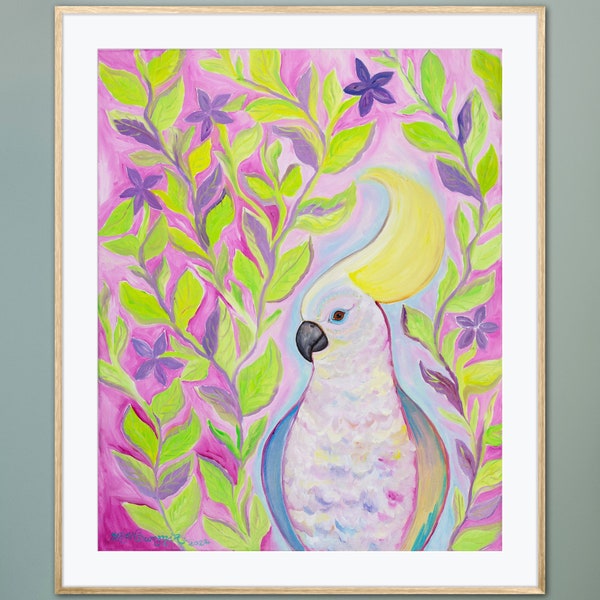 Cockatoo Hairdo Giclée Fine Art Print of Oil Painting Whimsical Nature Colorful Floral Tropical Botanical Abstract Bird Animal Whimsy Decor