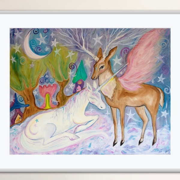 Land of Whimsy Giclée Fine Art Print Original Oil Painting Fantasy Whimsical Magical Fairycore Enchanted Celestial Stars Moon Houses Unicorn