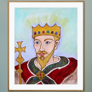 Lion-Heart Good King William Forget-Me-Not Faery Tale Book Novel Character Illustration Art Print Oil Painting, Gold Crown Medieval Portrait