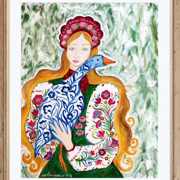 Ukrainian With Goose Giclée Fine Art Print of Oil Painting Whimsical Abstract Flower Crown Rosemaling Traditional Folk Dress Colorful Boho