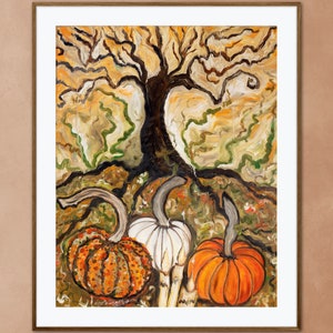 May include: A painting of a tree with three pumpkins at the base. The tree is brown with a thick trunk and many branches. The pumpkins are orange, white, and orange and white. The background is a mix of brown, green, and yellow.