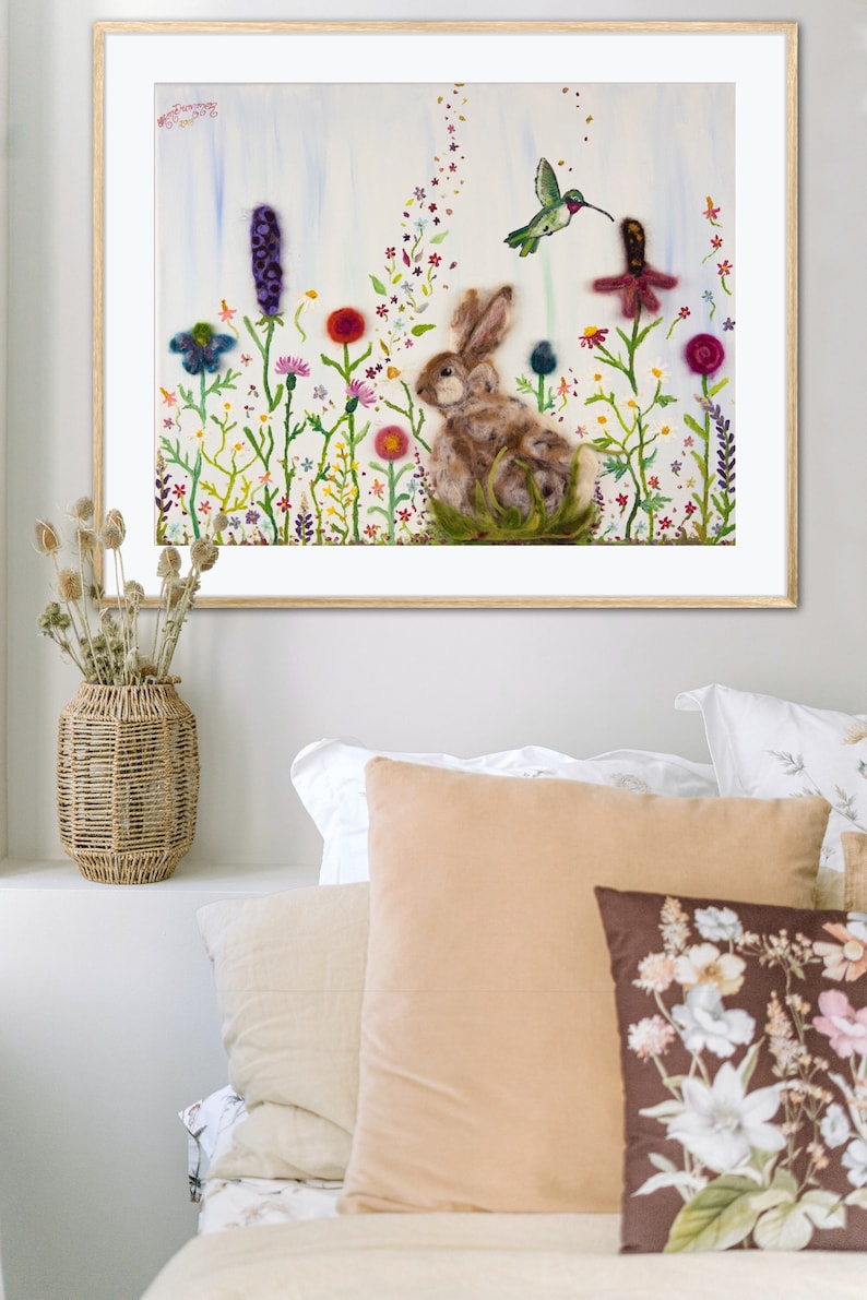 Rabbit & Hummingbird Amongst Wildflowers Art Print Mixed Media Oil Painting Needle Felted Flower Garden Meadow Whimsical Colorful Home Decor image 5