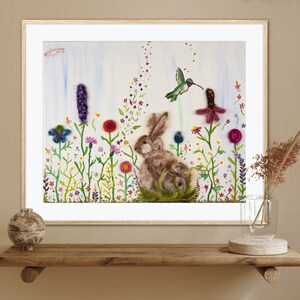 Rabbit & Hummingbird Amongst Wildflowers Art Print Mixed Media Oil Painting Needle Felted Flower Garden Meadow Whimsical Colorful Home Decor image 2