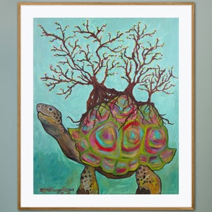 Tortoise Tree Terrarium Giclée Fine Folk Art Print Oil Painting Whimsical Animal Turtle Colorful Shell Fairytale Fantasy Boho Nature Decor