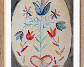 May include: A watercolor painting of a stylized floral arrangement with a heart at the center. The flowers are red, blue, and yellow, and the leaves are green. The background is a light yellow with a dark gray oval border. The painting is signed "Brent Burnham" in the lower right corner.