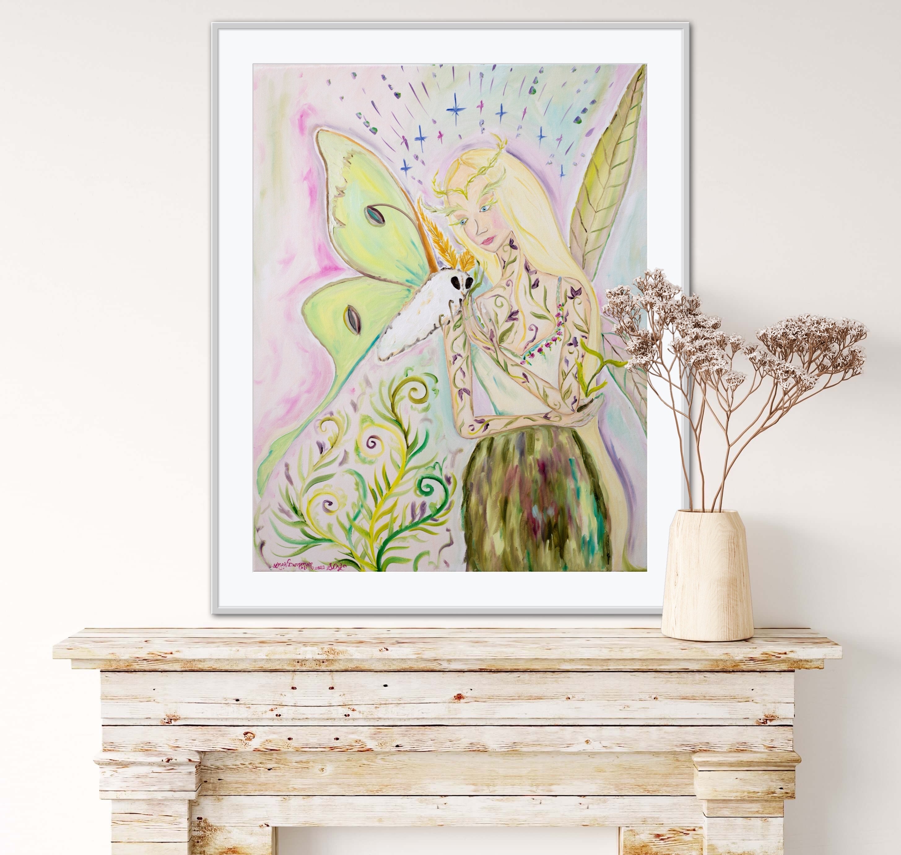 Luna Moth Goddess Giclée Fine Art Print Oil Painting Colorful Whimsical ...