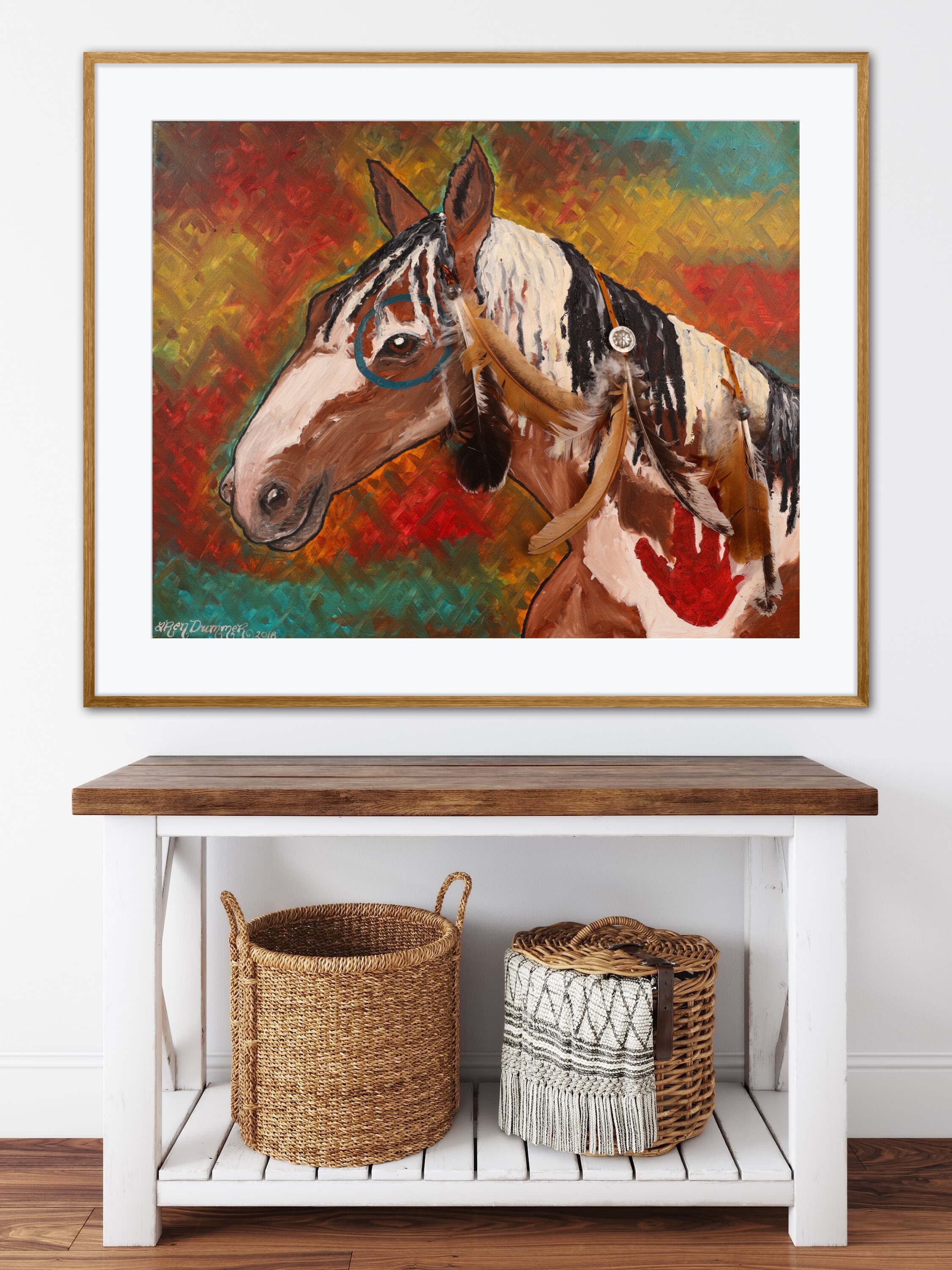 Native American Paint Horse Art Print of Mixed Media Oil Painting, War ...