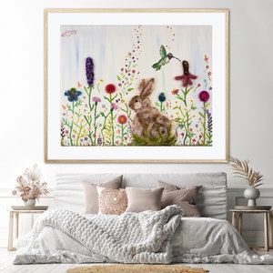 Rabbit & Hummingbird Amongst Wildflowers Art Print Mixed Media Oil Painting Needle Felted Flower Garden Meadow Whimsical Colorful Home Decor image 4