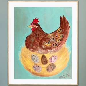 Broody Hen Art Print of Original Oil Painting Whimsical Farm Animal Chicken Nest Mixed Media Eggs Colorful Farmhouse Country Cottage Decor