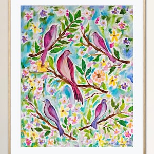 Birds on Branches Giclée Fine Art Print Original Oil Painting Whimsical Abstract Cottagecore Whimsical Flowers Colorful Quirky Nature Decor