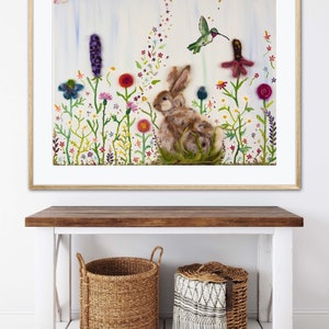 Rabbit & Hummingbird Amongst Wildflowers Art Print Mixed Media Oil Painting Needle Felted Flower Garden Meadow Whimsical Colorful Home Decor image 8
