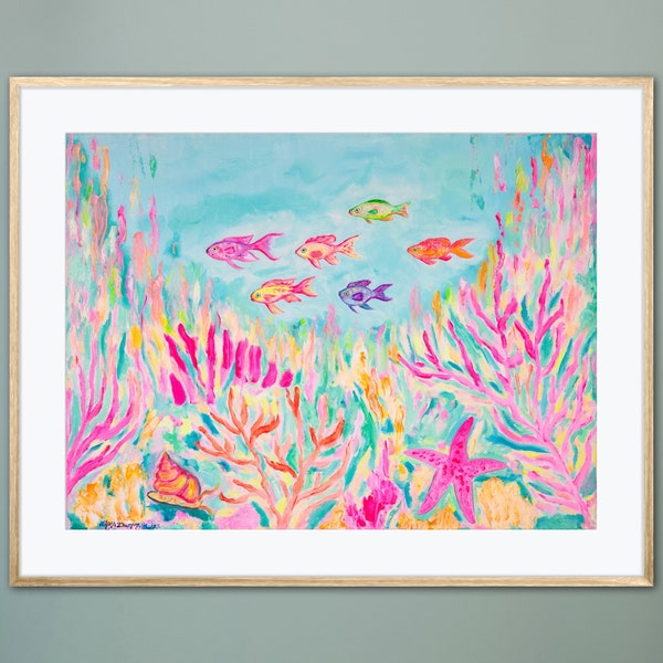 Neon Reef Giclée Fine Art Print of Original Oil Painting Whimsical Colorful Fish Coral Sea-life Beach Island Tropical Ocean Coastal Decor