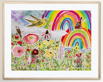 Over the Rainbow Giclée Folk Art Print of Original Mixed Media Painting Flower Garden Meadow Birds Vintage Cottage Summer Day Bright Whimsy