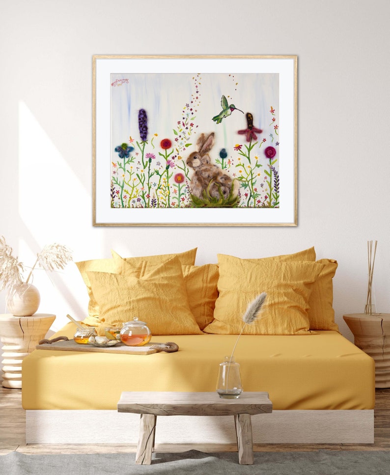 Rabbit & Hummingbird Amongst Wildflowers Art Print Mixed Media Oil Painting Needle Felted Flower Garden Meadow Whimsical Colorful Home Decor image 7