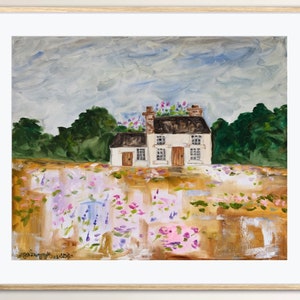 May include: A white cottage with a green roof and a field of purple and pink flowers in front of it. The sky is cloudy and gray. The cottage has a brown door and two windows. The flowers are painted in a loose, impressionistic style.