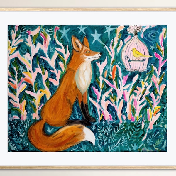 Fox Befriends Canary Giclée Fine Art Print Oil Painting Whimsical Abstract Garden Nature Animal Fantasy Surreal Whimsy Birdcage Colorful