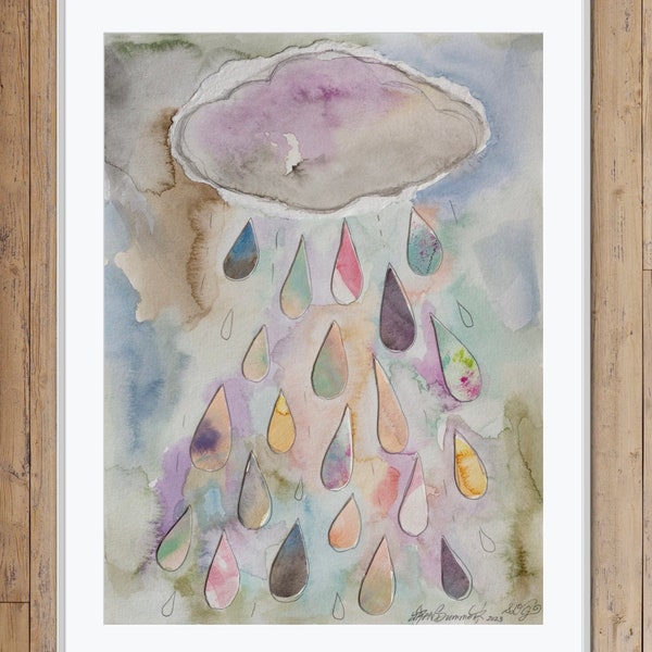 Heavy Rain Drops Giclée Art Print Mixed Media Painting Whimsical Cloud Abstract Watercolor Collage Simple Minimalist Neutral Calming Decor