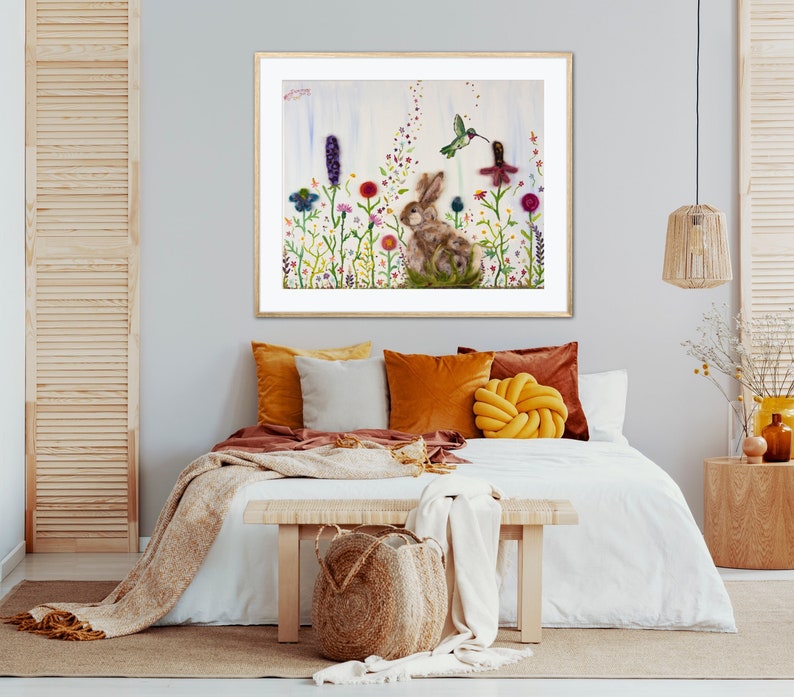 Rabbit & Hummingbird Amongst Wildflowers Art Print Mixed Media Oil Painting Needle Felted Flower Garden Meadow Whimsical Colorful Home Decor image 3