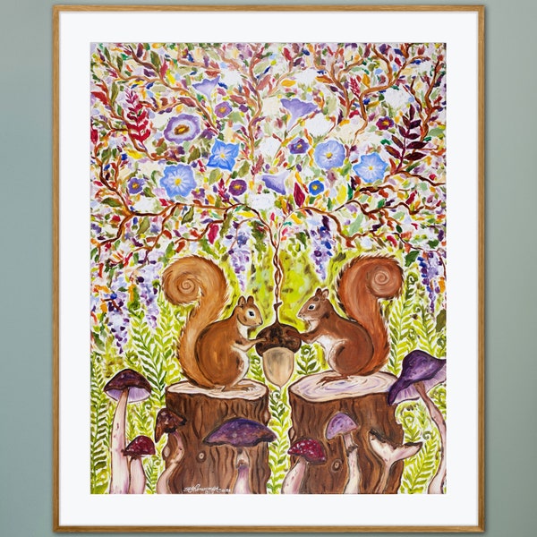Fellowship Squirrels Acorn Bloom Giclée Fine Art Print of Oil Painting Whimsical Nature Colorful Fall Abstract Flowers Woodland Animal Decor