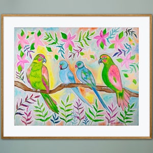 Parrot Paradise Giclée Fine Art Print of Oil Painting Whimsical Nature Colorful Floral Tropical Botanical Abstract Bird Rainforest Decor