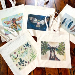 Canvas Tote Bag in Art Print of Original Oil Painting: Honey Bee Luna Moth Moose Feathers Horned Owl Cotton Eco Natural Whimsical Boho Purse