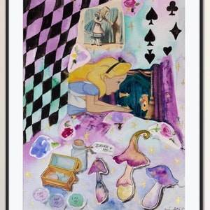 May include: A watercolor painting of Alice from Alice in Wonderland looking into a small door. The painting is full of details, including a checkered floor, a bottle labeled "Drink Me", and mushrooms. The painting is signed "Erin Dummett 2023".