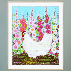 Chicken in the Hollyhocks Giclée Folk Art Print Original Oil Painting Colorful Whimsical Garden Flowers Cottagecore Country Farmhouse Decor