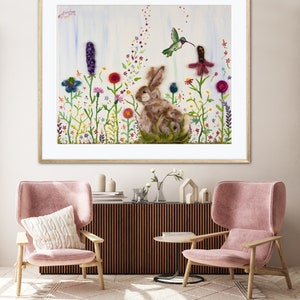 Rabbit & Hummingbird Amongst Wildflowers Art Print Mixed Media Oil Painting Needle Felted Flower Garden Meadow Whimsical Colorful Home Decor image 6