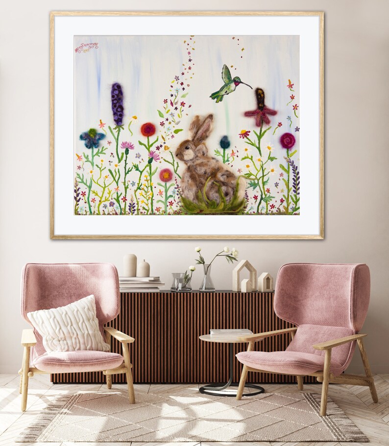 Rabbit & Hummingbird Amongst Wildflowers Art Print Mixed Media Oil Painting Needle Felted Flower Garden Meadow Whimsical Colorful Home Decor image 6