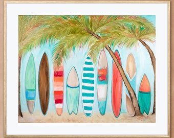 Surfboards in a Row Giclée Fine Art Print of Original Oil Painting Vibrant Colorful Beach Ocean Coastal Tropical Palm Tree Surfer Home Decor