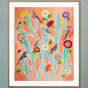 Seven Sonoran Birds Giclée Fine Art Print of Original Oil Painting, Vibrant Colorful Cactus Flowers Desert Southwest Home Decor Wren Flicker