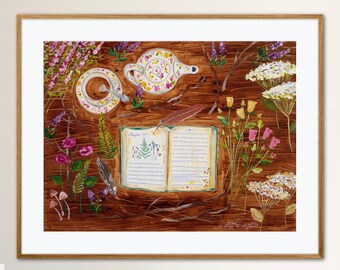 Cottage Comforts Tea Fairytale Giclée Fine Art Print Oil Painting Fantasy Book Nature Collection Mushrooms Flowers Teapot Cottagecore Decor