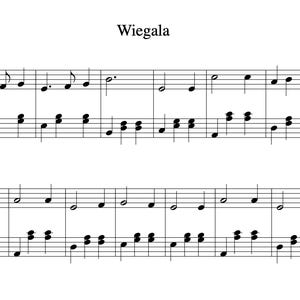 Può includere: Spartito musicale per "Wiegala" di Ilse Weber, arrangiato da Felix Sun. Lo spartito è scritto in nero su sfondo bianco, con chiavi di violino e di basso e note musicali.