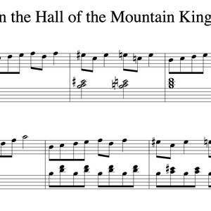 Może przedstawiać: Nuty do utworu "W sali króla gór" Edvarda Griega, w aranżacji Felixa Sun. Utwór jest zapisany w standardowej notacji z kluczem wiolinowym i kluczem basowym.